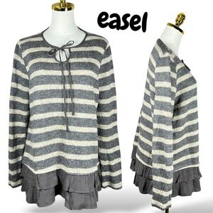 Easel Striped Tie Neck Ruffle Hem Sweater Pullover Top Women's Size L